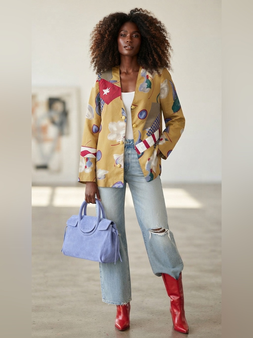 VINTAGE SILK MUSTARD FLORAL PRINT BLAZER / JACKET
